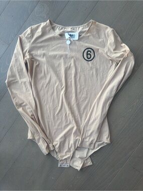 MM6 Maison Martin Margiela Beige Long-Sleeve Bodysuit Tee with '6' Logo